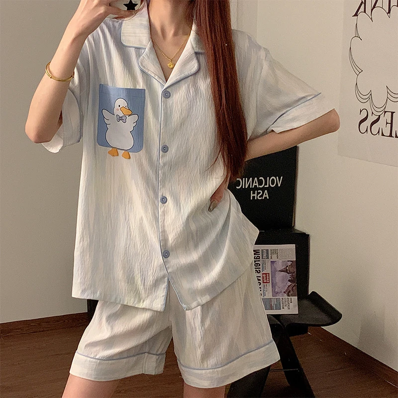 网红风睡衣女夏季纯棉蓝色鸭子可爱卡通学生短袖短裤家居服两件套