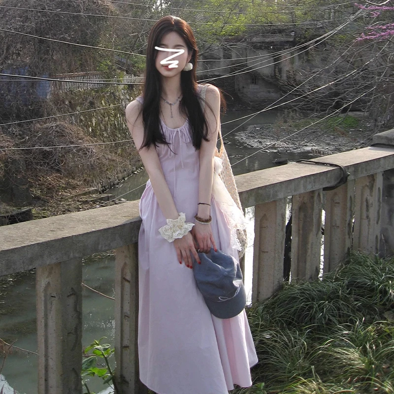 特价法式紫色温柔风吊带连衣裙子女新款系带收腰小众气质长裙3439