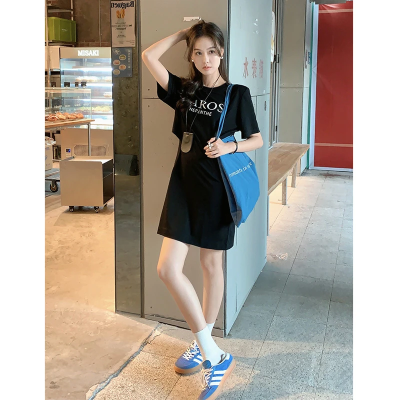 美洋MEIYANG 沙罗T恤裙 珠地纹针织字母镂空收腰短袖连衣裙