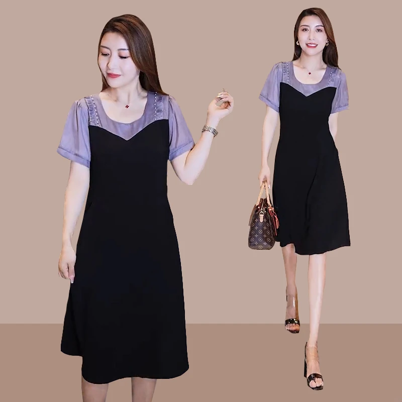 小个子拼接假两件连衣裙女夏2025年新款法式收腰显瘦气质中长裙子