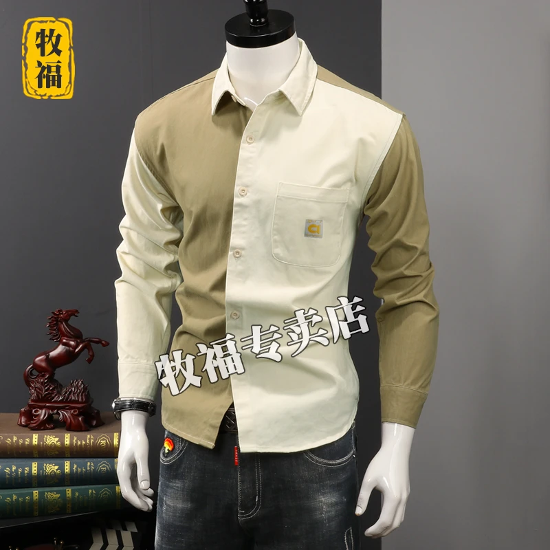 秋季衬衫男长袖纯棉宽松休闲港风文艺风复古日系拼接撞色衬衣外套