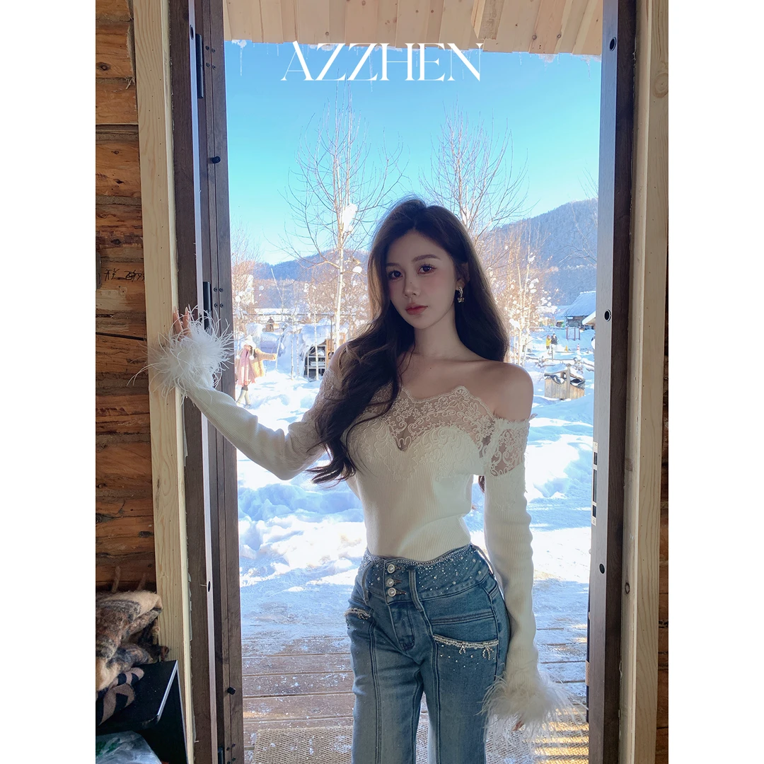 AZZHEN【温柔攻陷】一字肩蕾丝拼接长袖打底绵羊毛针织衫AZ5PZT17