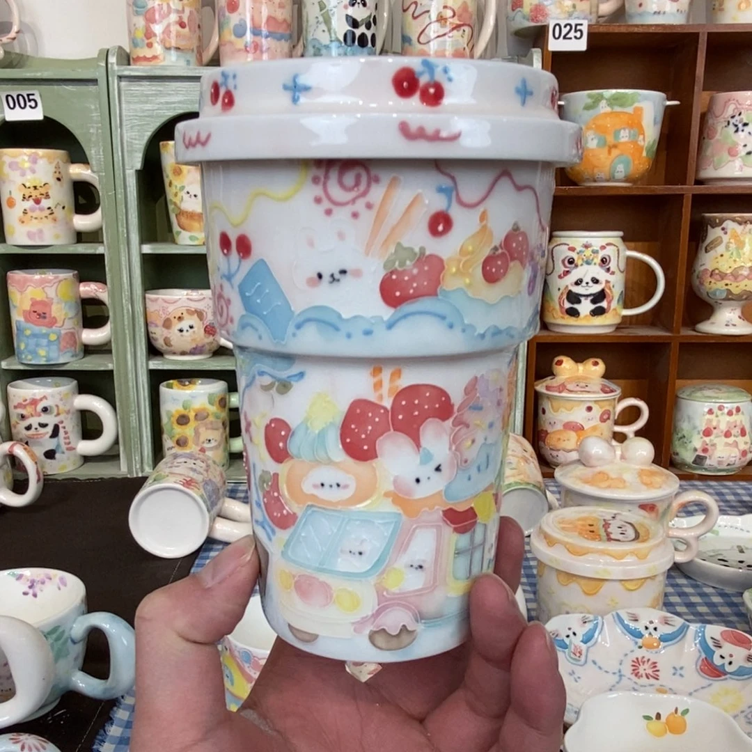 瓷片z*哟汽车蛋糕兔子吸管杯