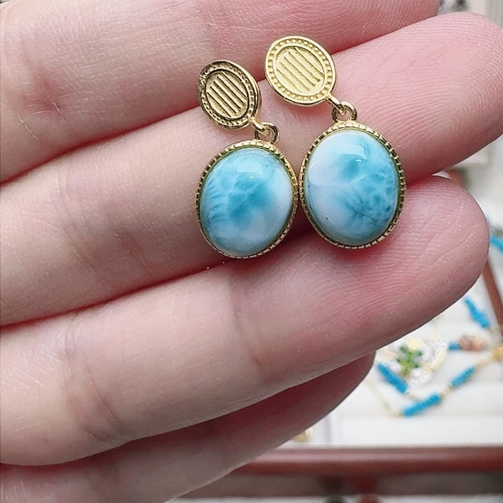 针钠钙石（海纹石）耳饰银S925镶嵌耳钉