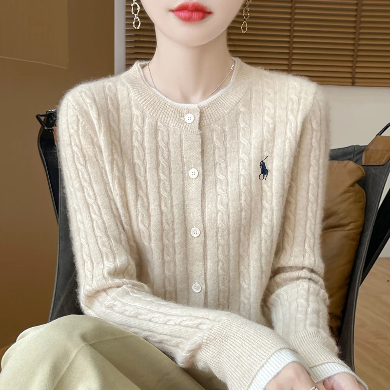 鄂尔多斯市纯100羊毛衫女装春秋新款假两件针织开衫刺绣毛衣外套