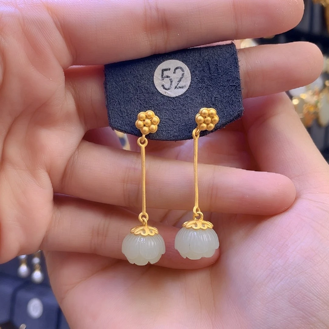 和田玉耳饰银S925镀金镶嵌