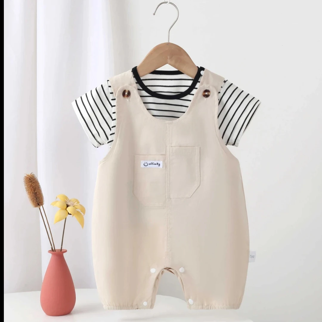 婴儿背带裤套装夏季薄款宝宝条纹两件套2025新款儿童夏装连体哈衣
