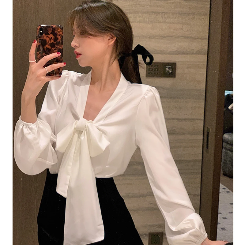 WD小香名媛法式春秋款韩版泡泡袖雪纺蝴蝶结绑带设计感衬衫上衣女