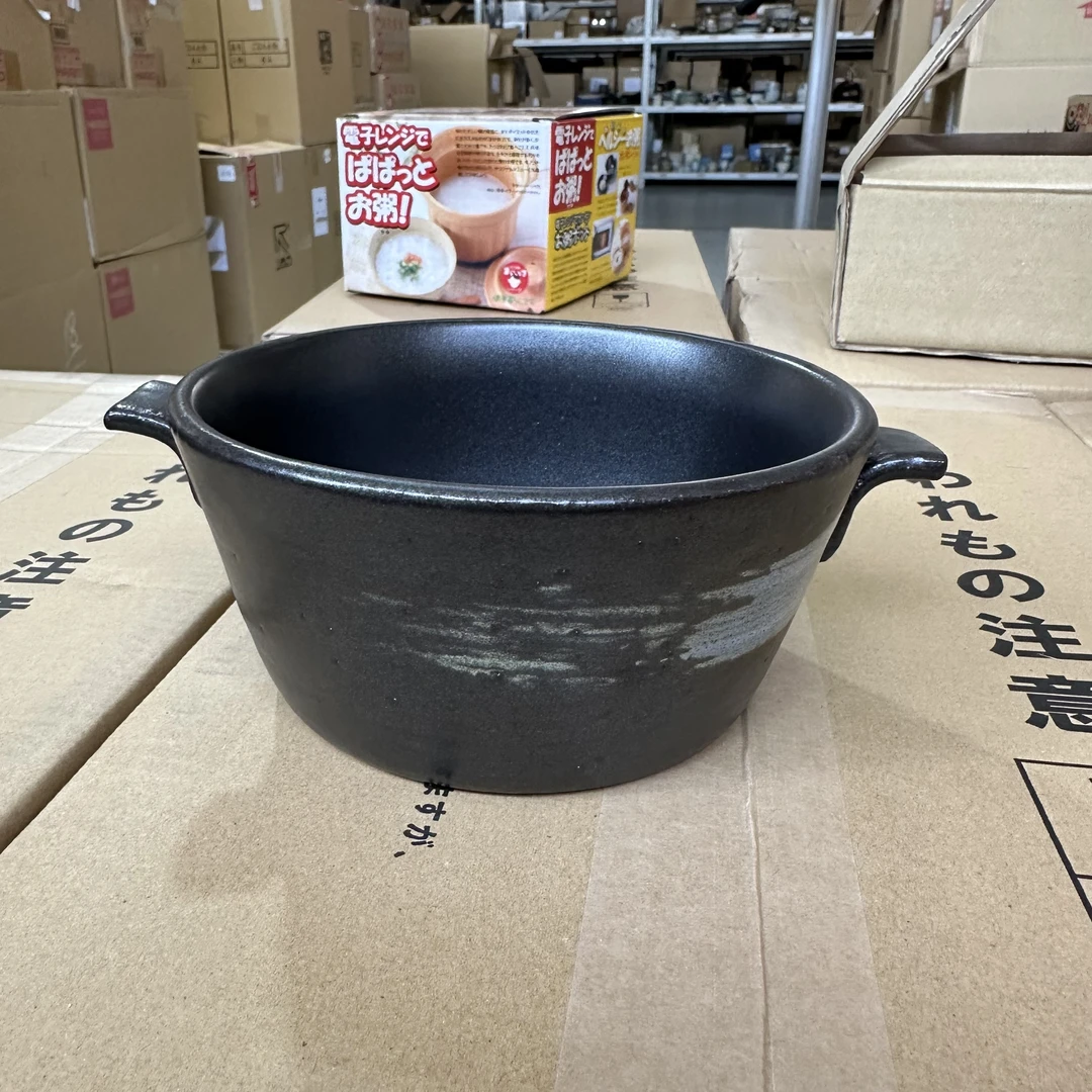 【丸志】日本进口万古烧黑釉白刷毛目双耳直火钵16*7.5陶土汤钵家用