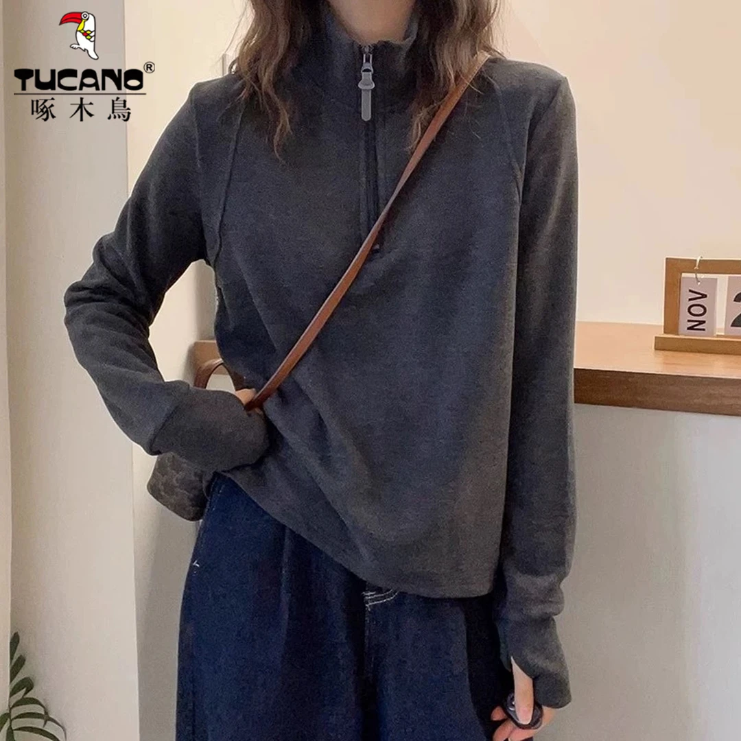 啄木鸟妈妈半拉链立领打底衫女2025新款秋装洋气宽松长袖t恤上衣