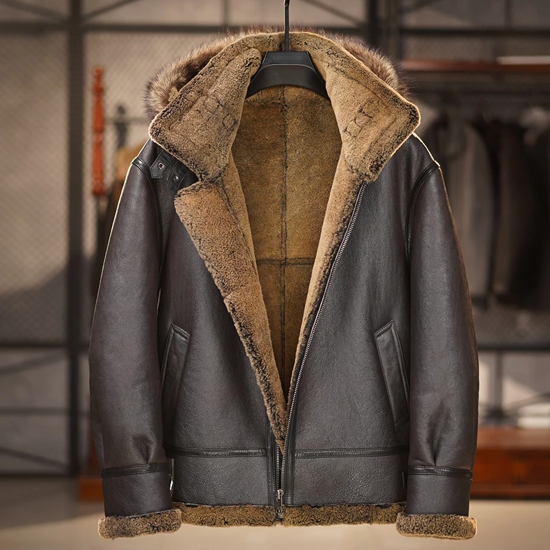 重水洗油蜡原生态皮毛一体男b3飞行服夹克绵羊毛皮草真皮皮衣冬