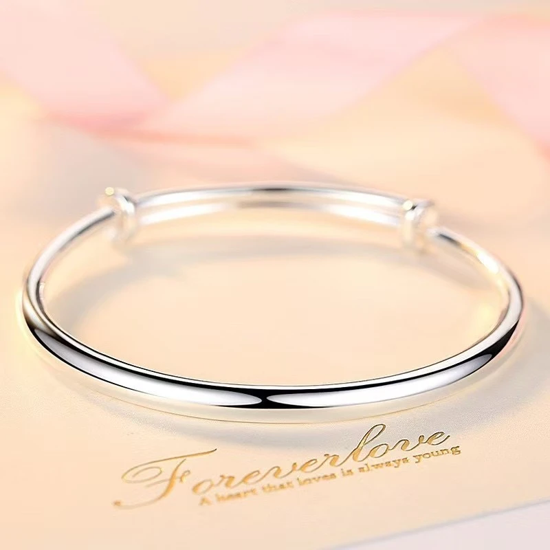 足银手镯 【8号】足银999.9光面素圈推拉手镯简约可调节