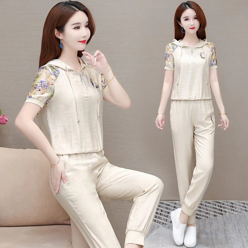 小个子休闲运动套装女夏2025时尚洋气冰丝女麻两件套高端高档品牌