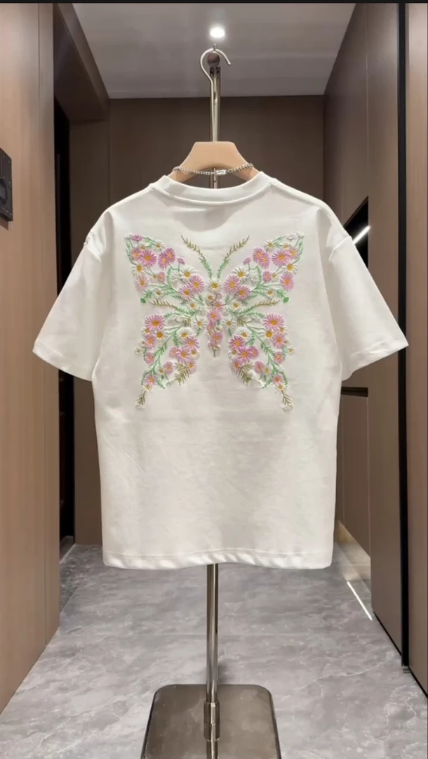 美式复古蝴蝶花朵印花纯棉短袖t恤男夏季时尚潮牌情侣上衣潮流