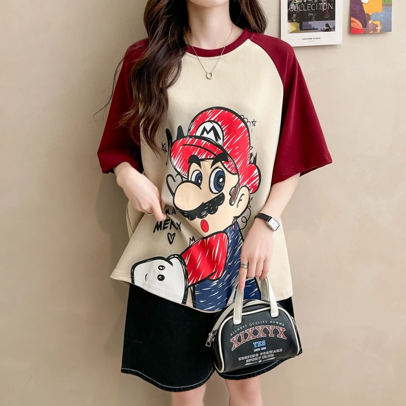 欧货大版拼色短袖T恤女夏季新款韩版中长款洋气减龄圆领纯棉上衣