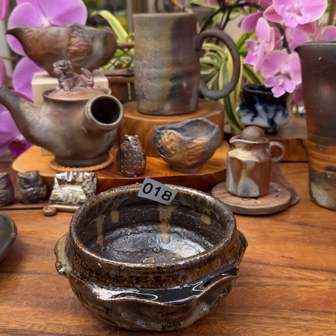 备前烧藤原章海洋裙边引出黒抹茶碗福利一口价