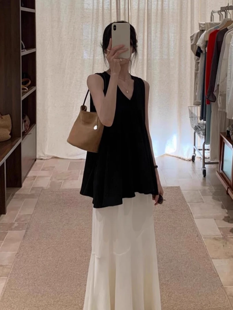 2025夏季新款韩版女V领无袖背心女+鱼尾半身裙两件套法式设计感女