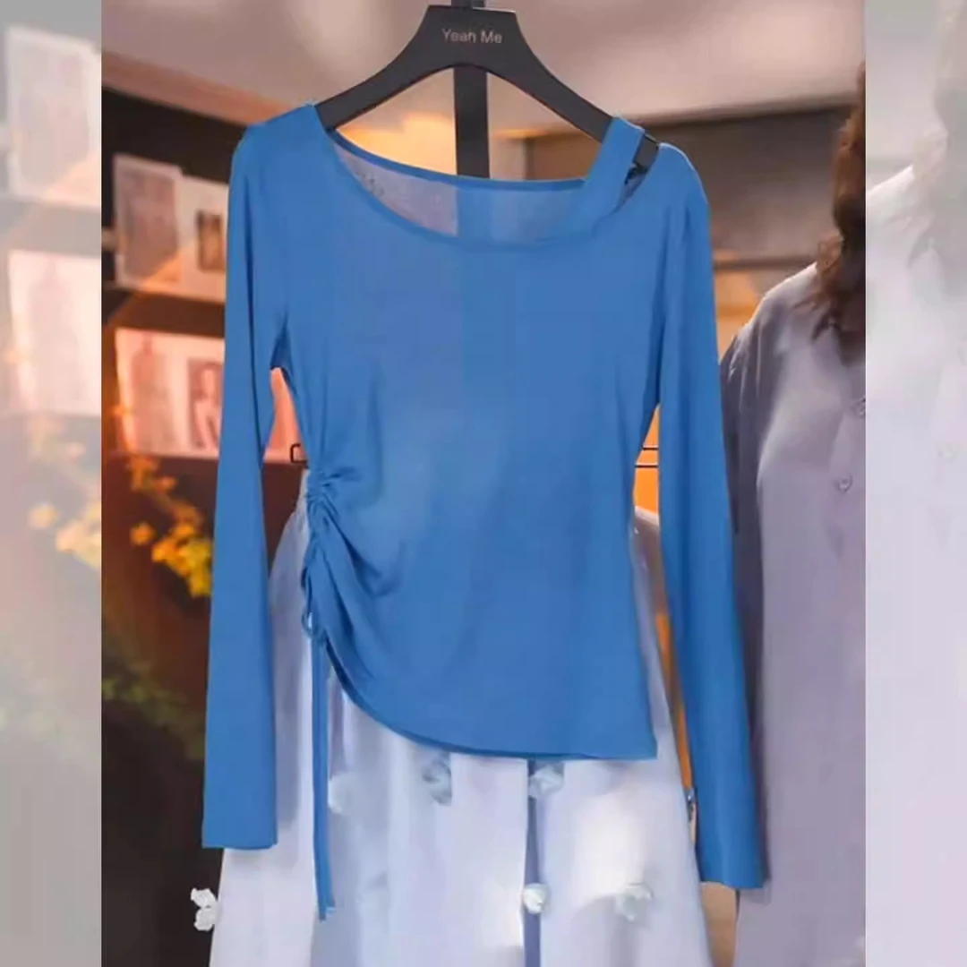 假两件露肩蓝色长袖t恤女夏季防晒罩衫2025新款抽绳收腰显瘦上衣