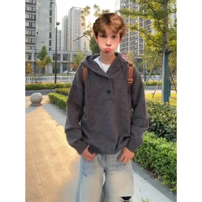 cleanfit慵懒风针织毛衣男款美式复古连帽外套设计感v领套头上衣