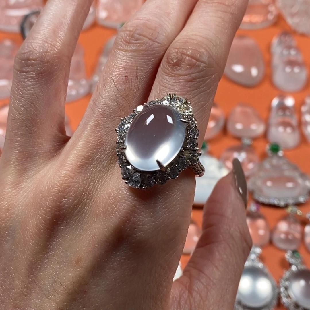 石英质玉银S925镶嵌颈饰黑钢爆闪蛋面戒指