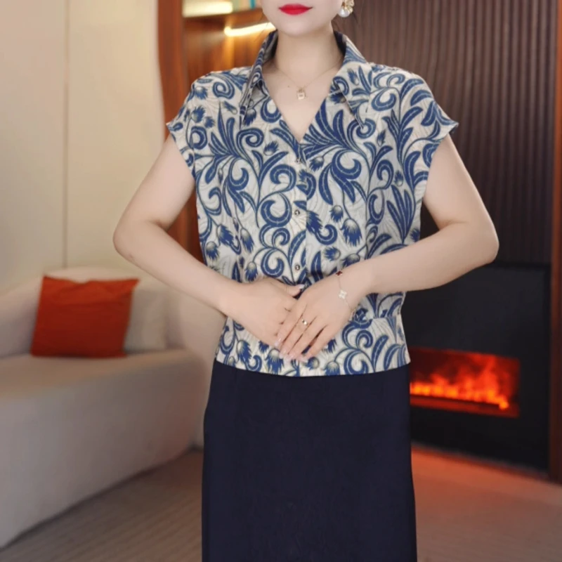 【蓝酿】新款短袖翻领轻奢夏季高端气质小衫上衣显瘦时尚复古中式