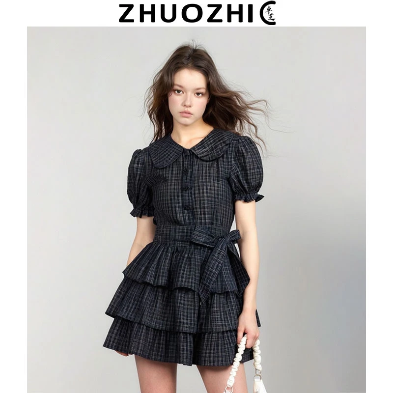 [卓芝]法式设计感蝴蝶结绑带格纹连衣裙2025夏季新款减龄百搭裙子