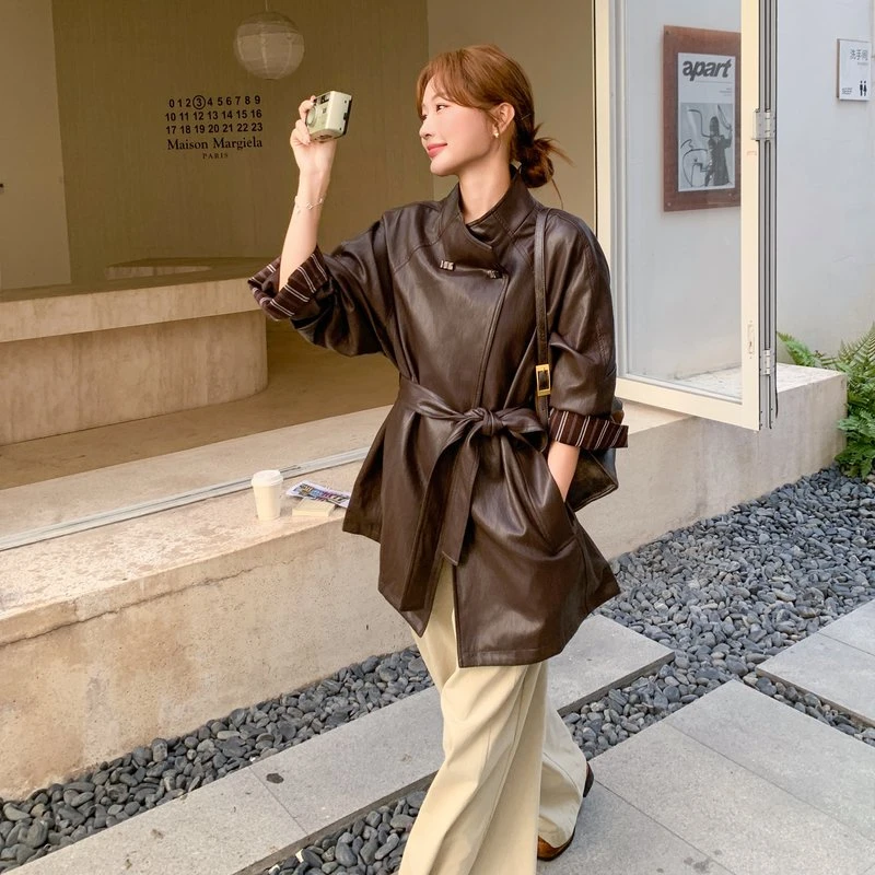 棕色复古酷飒御姐PU皮衣外套女2025秋新款高级感时髦洋气系带上衣