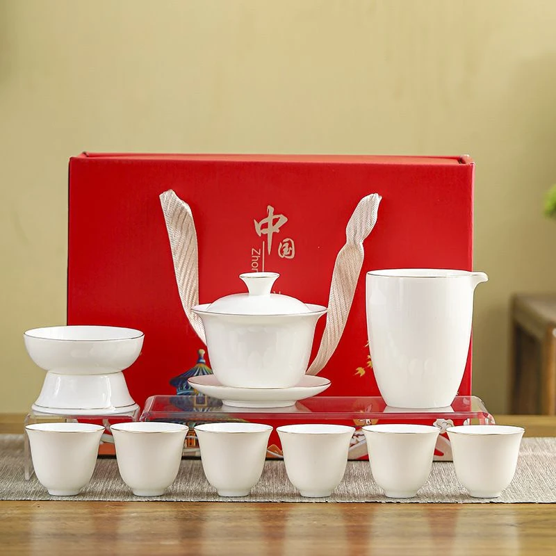 年货节羊脂玉瓷茶具礼盒套装家用陶瓷功夫茶具盖碗茶杯茶杯一整套