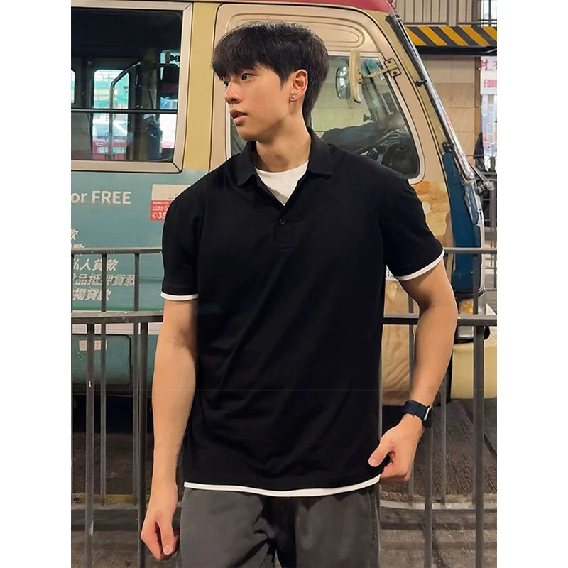 美式假两件polo衫短袖男款夏季重磅短宽版型t恤翻领运动健身半截