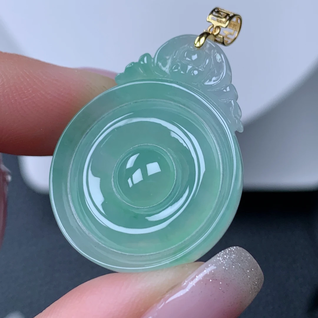 缅甸天然翡翠a货18k金福贝吊坠31.5×23.8×4.1