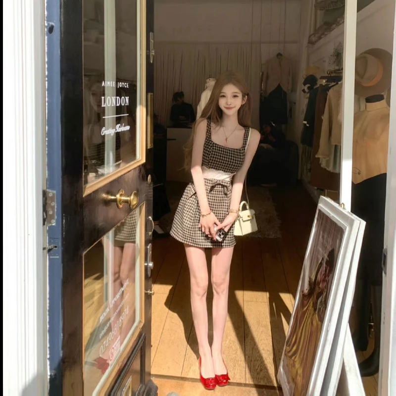 【波恩画报】韩系方领格子连衣裙女夏新款设计感拼接蕾丝蝴蝶结裙子
