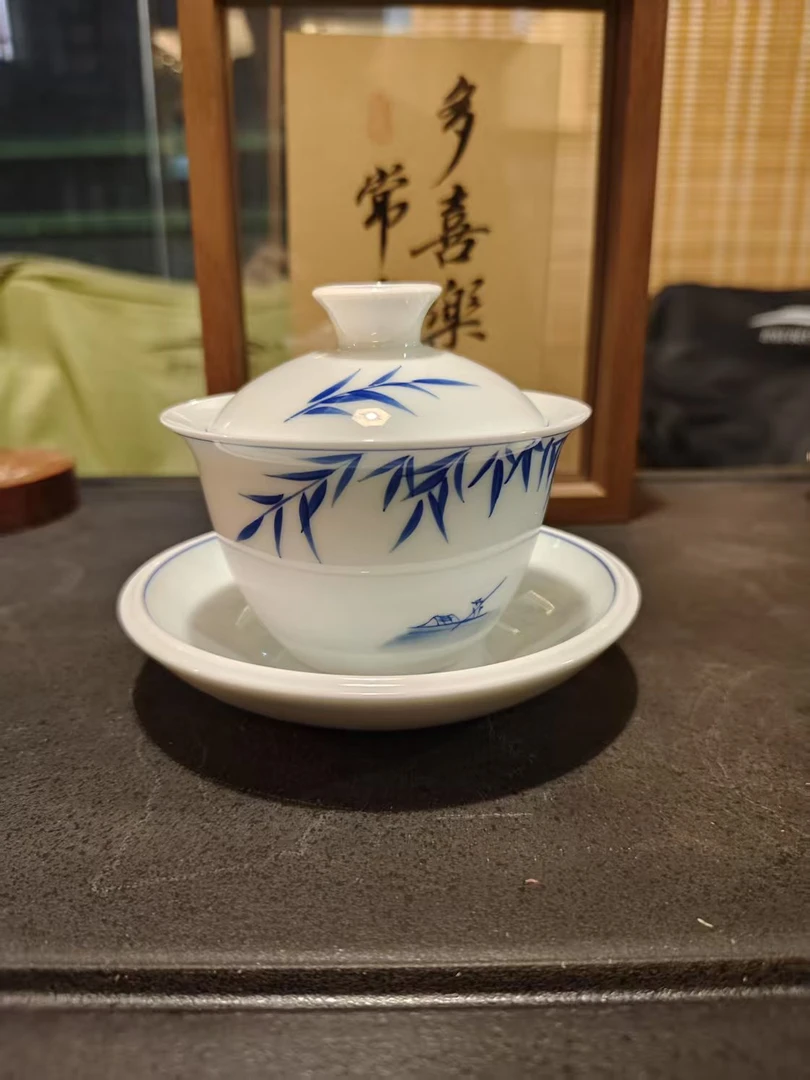 手工薄胎白瓷青花竹叶三才盖碗陶瓷大盖碗茶具家用泡茶茶碗套装