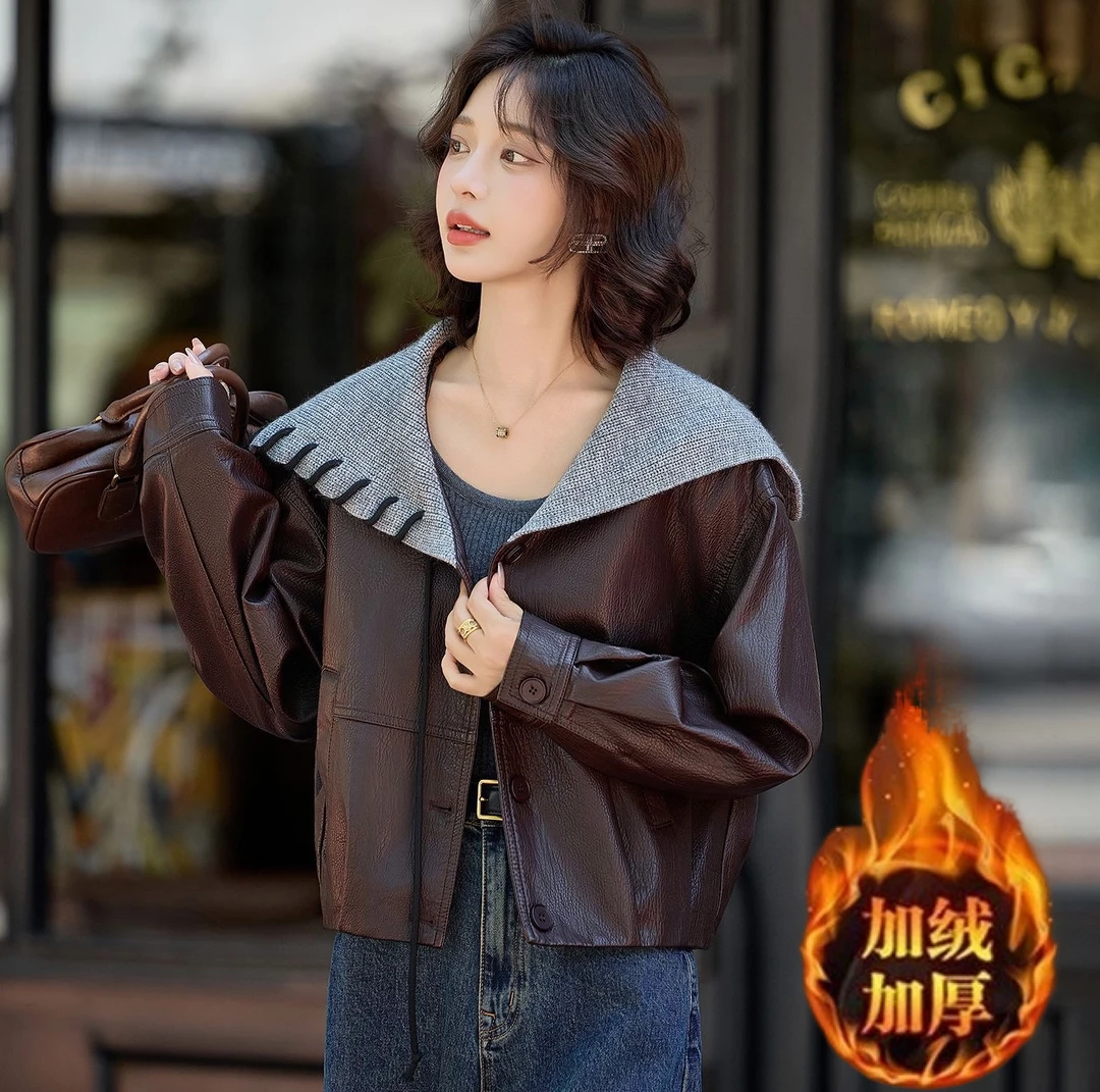 2025秋冬新款韩版海军领加绒加厚皮衣外套女短款小个子夹克上衣潮