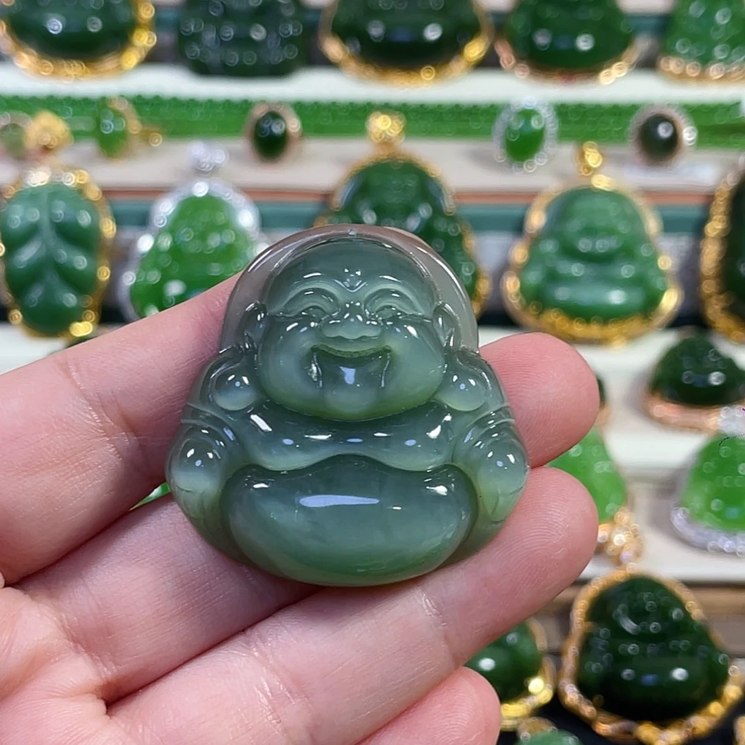 颈饰未镶嵌和田玉（碧玉）粉青猫眼佛公40mm