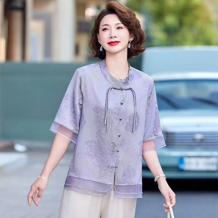 中老年女装25夏季薄款圆领开衫时尚洋气气质小衫妈妈装百搭上衣