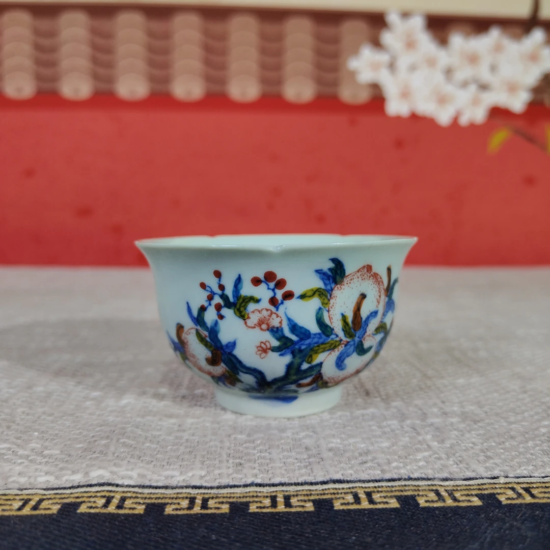 景德镇陶瓷绿稀土斗彩九桃五福花瓣杯主人杯柴窑手绘家用品茗杯