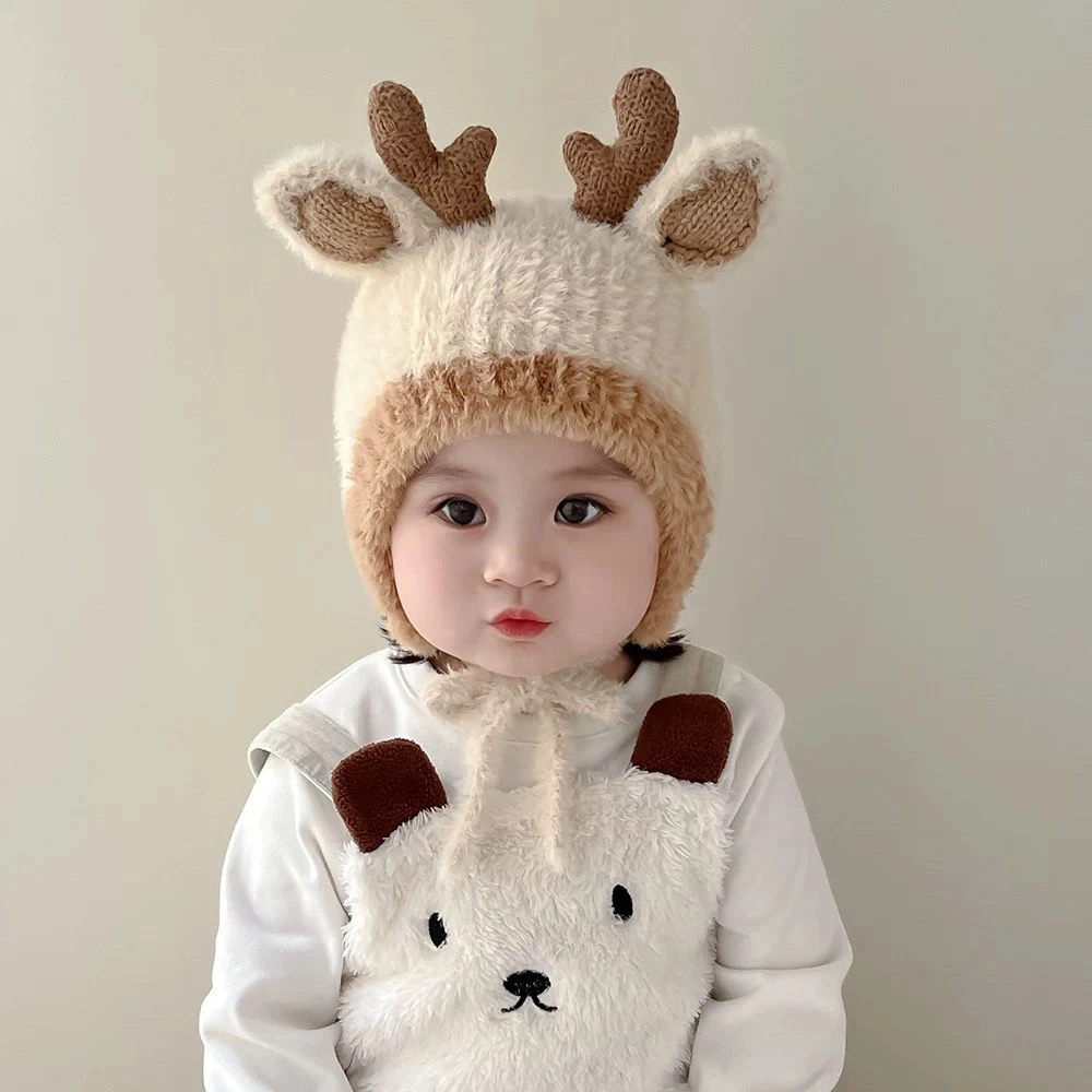 宝宝秋冬毛线帽婴幼儿加厚保暖帽男童可爱毛球护耳帽女婴针织套头