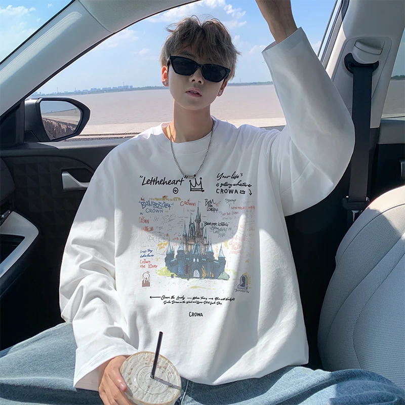 纯棉长袖t恤男痞帅秋季2025新款休闲潮牌潮流宽松男生上衣打底衫