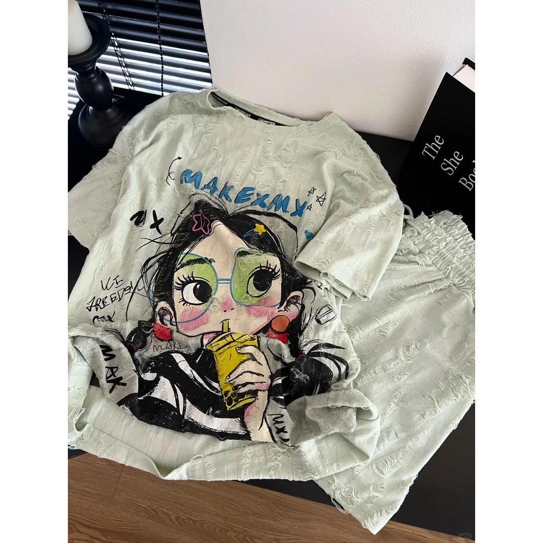 夏季清新薄荷绿卡通女孩宽松短袖睡衣女新款可外穿休闲套装可外穿