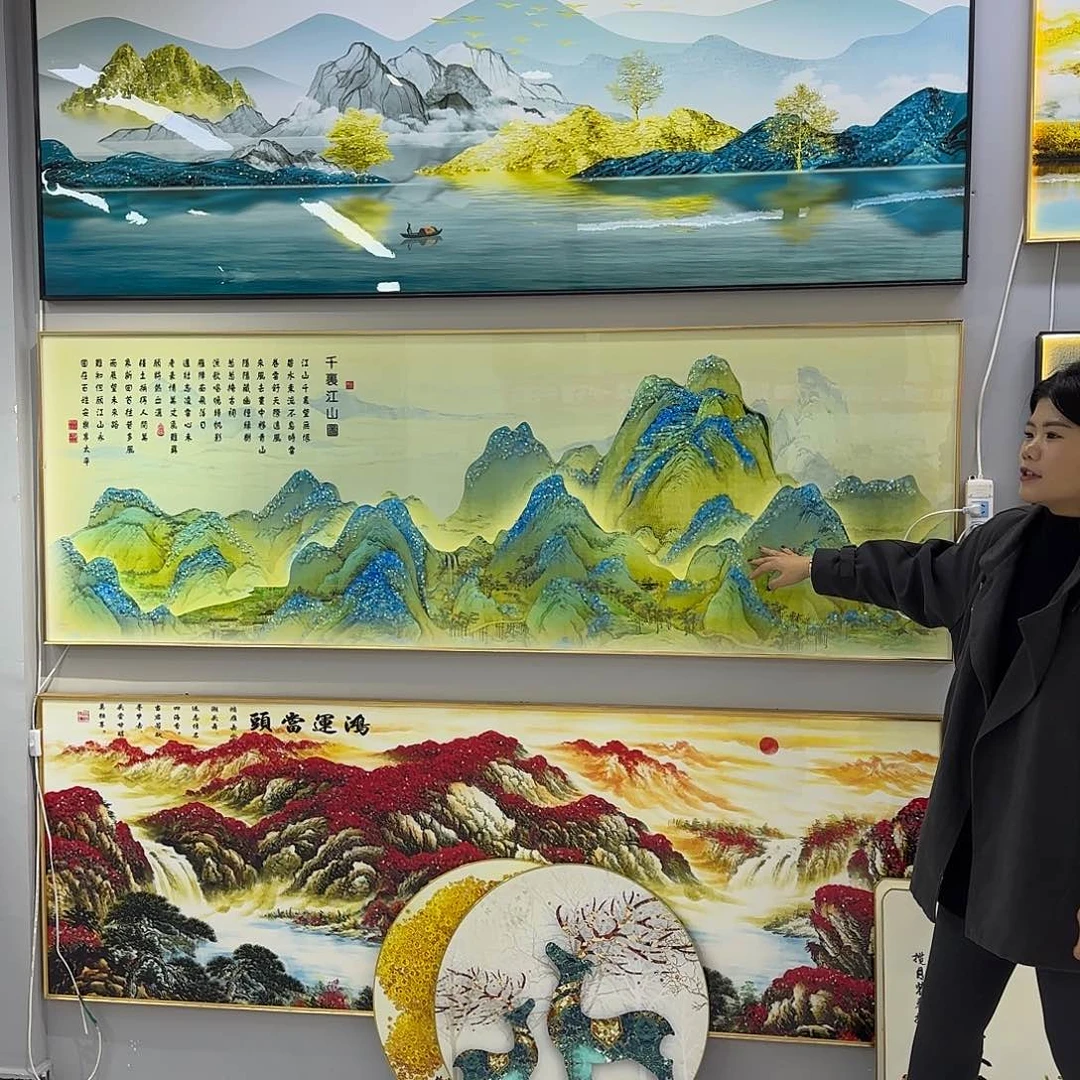 千里江山晶瓷镶钻树脂边框装裱好60.120