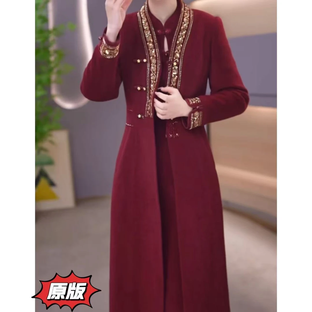 高档加棉加厚时尚外套连衣裙两件套2025冬季新款显瘦洋气减龄套装