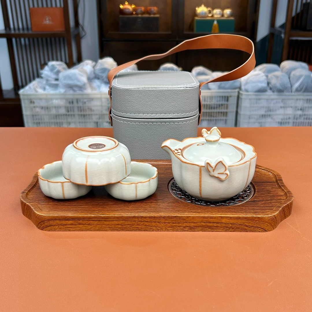 KZH0113-汝窑蝴蝶旅行户外套+大号黑胡桃木茶盘便携式陶瓷