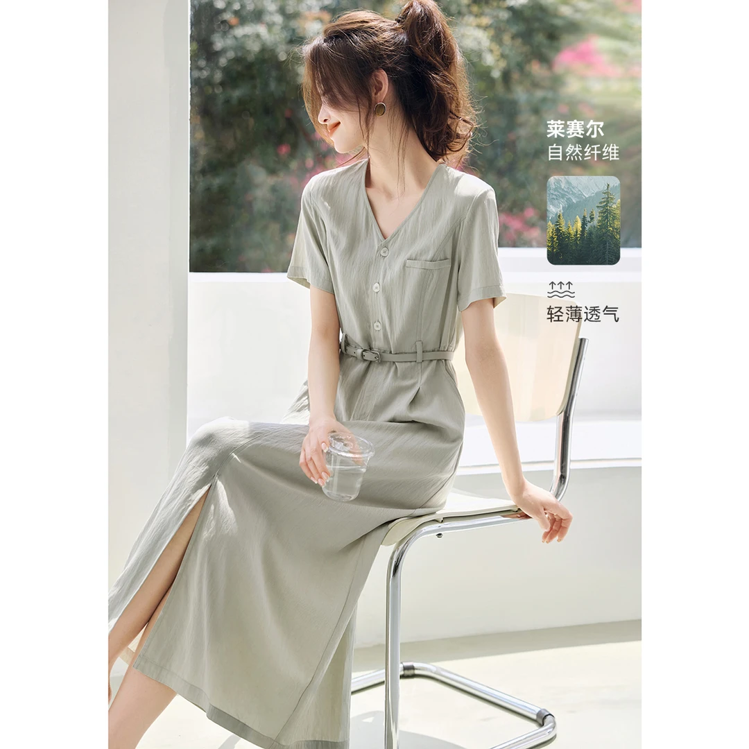 莱赛尔亚麻高级感气质连衣裙2025夏季新款V领显瘦短袖连衣裙女