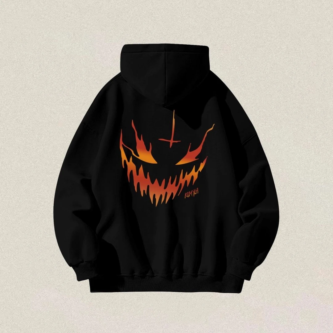 秋冬美式复古高街恶魔印花连帽卫衣男女小众嘻哈潮牌宽松慵懒上衣