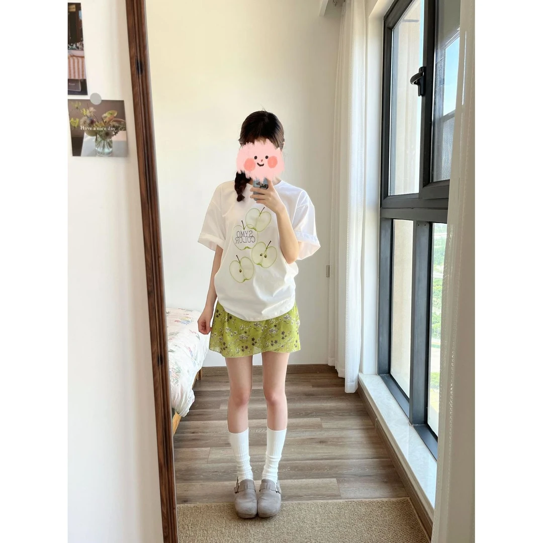 100%纯棉个性街头小清新短袖t恤女夏季宽松休闲多巴胺潮流上衣服