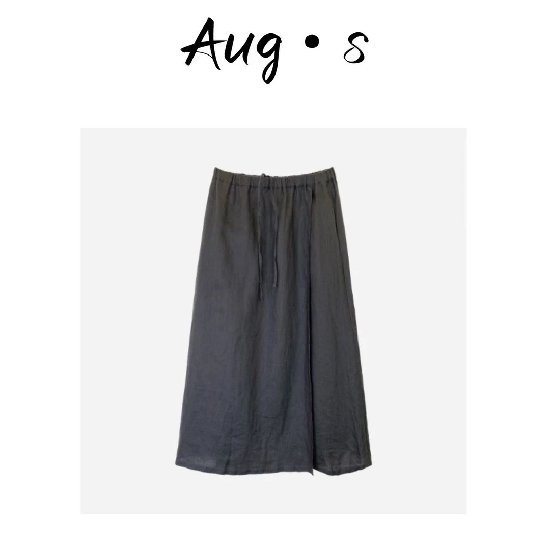 八月【抽绳亚麻半身裙】时尚简约百搭抽绳亚麻纯色半身裙 6561