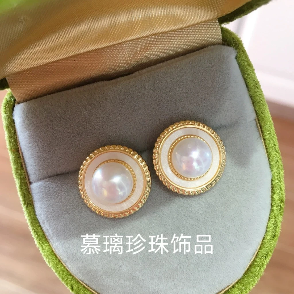 青沧 天然可刮粉 天然白色8mm淡水珍珠白母贝圆形耳钉 196