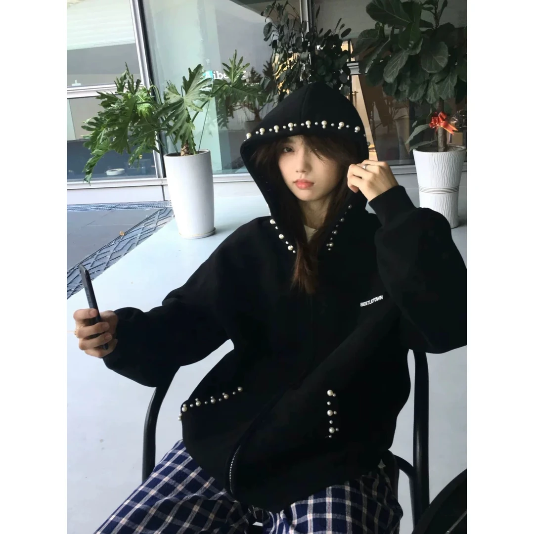 （浠儿姐姐）重工钉珠春秋休闲百搭黑色连帽宽松慵懒时尚版卫衣