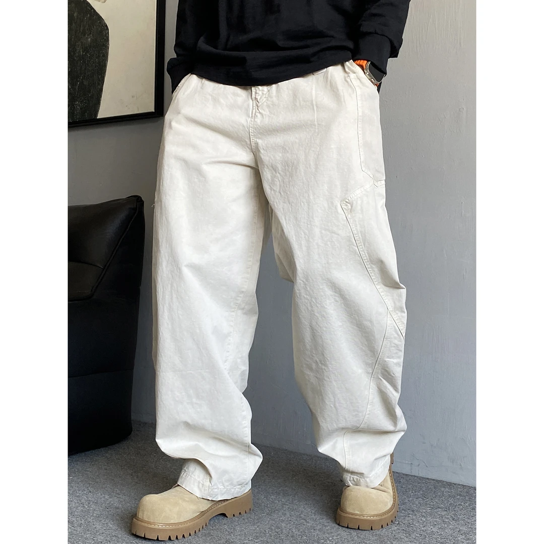 春秋季美式休闲痞帅重磅复古白色工装裤男直筒宽松阔腿弯刀裤子潮
