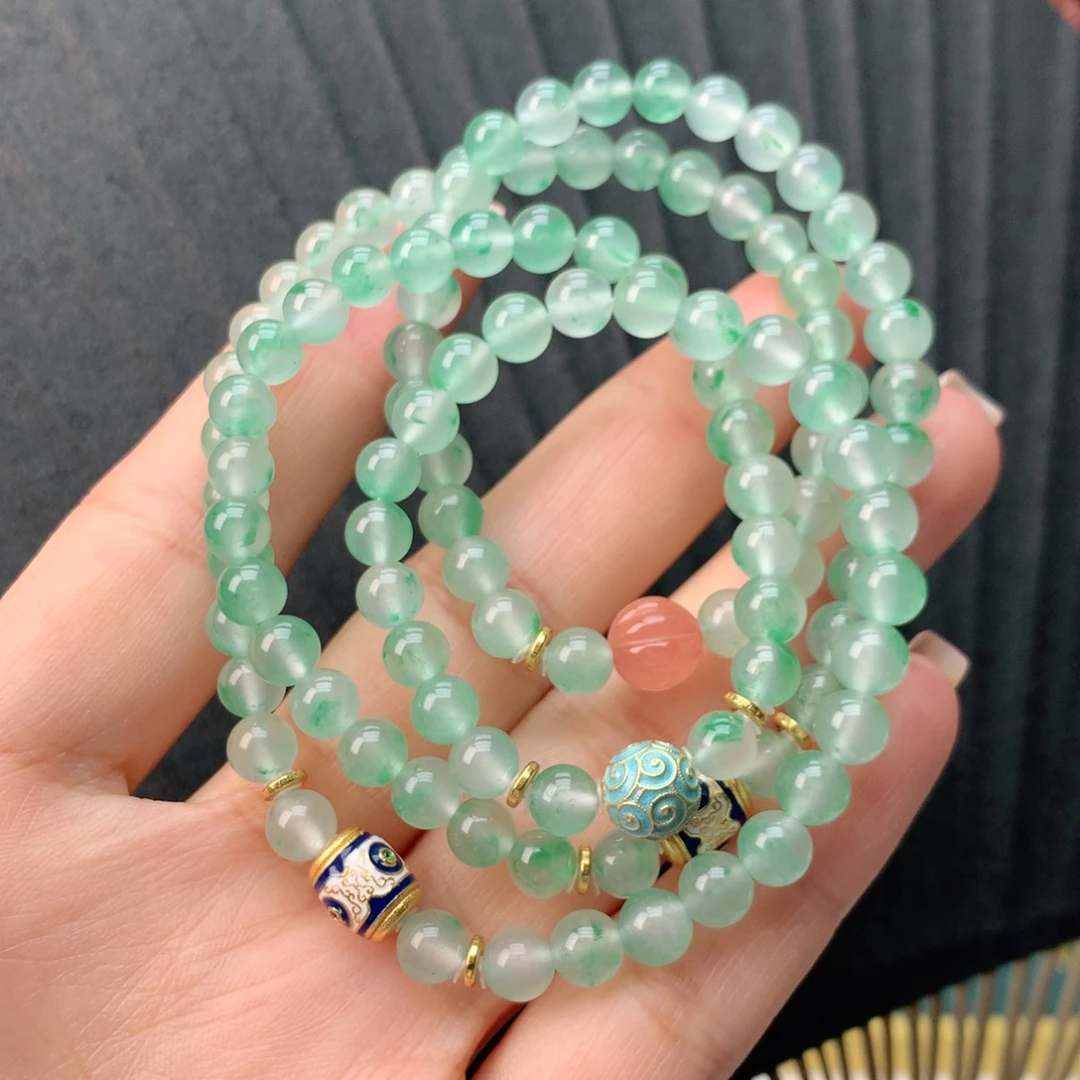 石英质玉（非洲翠）银S925镀金镶嵌冰飘花原创精品108珠项